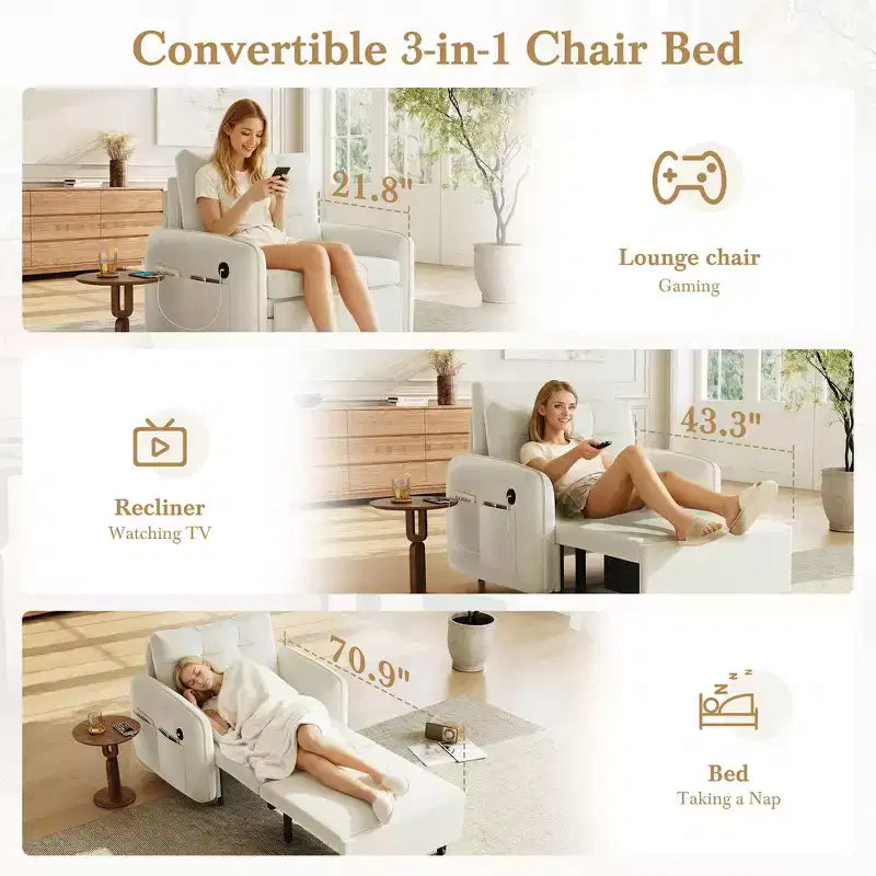 Poltrona Letto 3 in 1, Divano Letto Estraibile Extra Lungo da 80 Pollici, Divano Letto Singolo in ciniglia con Tasche portaoggetti