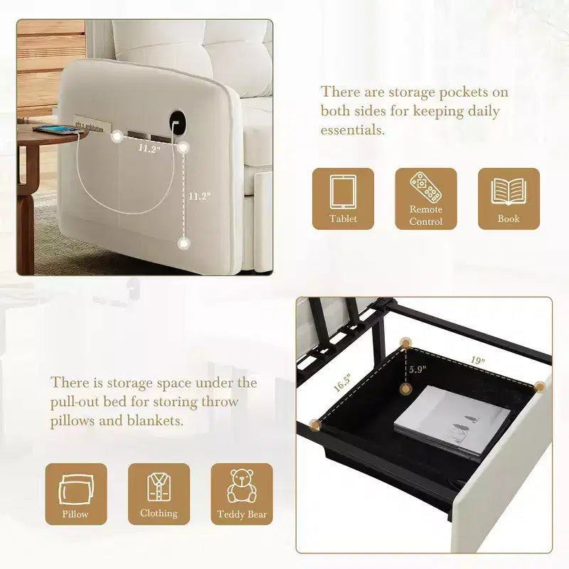 Poltrona Letto 3 in 1, Divano Letto Estraibile Extra Lungo da 80 Pollici, Divano Letto Singolo in ciniglia con Tasche portaoggetti