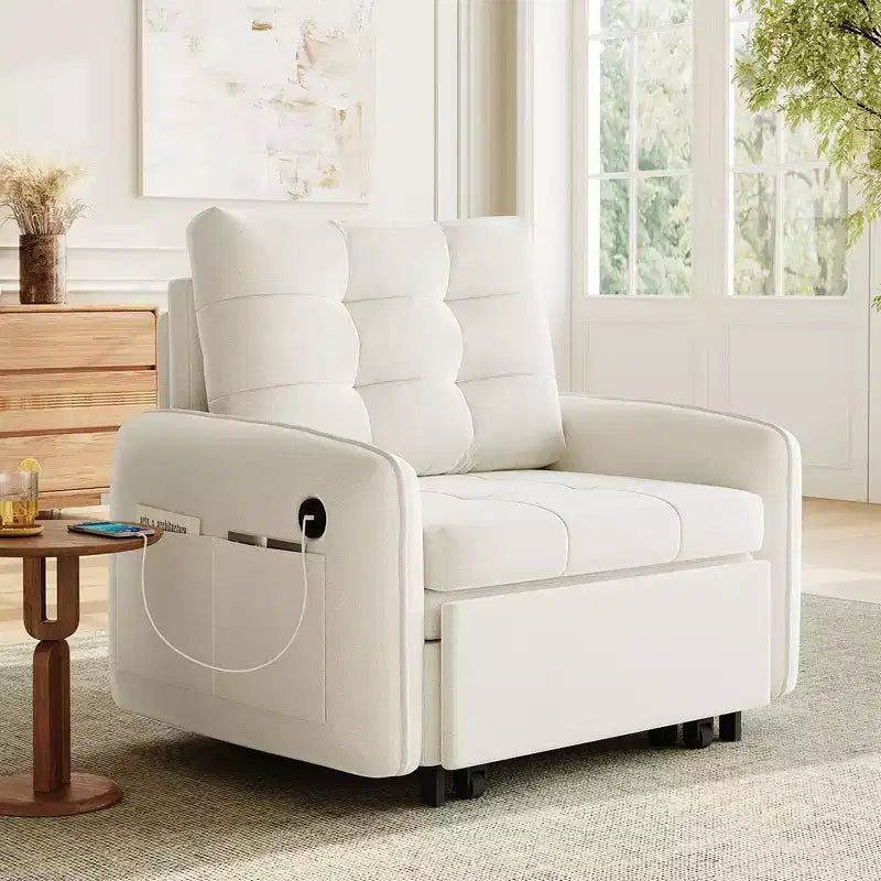 3-in-1 Sleeper Chair Bed, 80 Extra Long Pull Out Sleeping Lounge, Chenille Single Sofa Bed with Storage Pockets