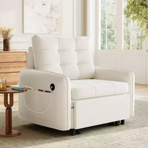 3-in-1 Sleeper Chair Bed, 80 Extra Long Pull Out Sleeping Lounge, Chenille Single Sofa Bed with Storage Pockets