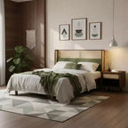 Letto matrimoniale contemporaneo in legno con testiera imbottita in rattan