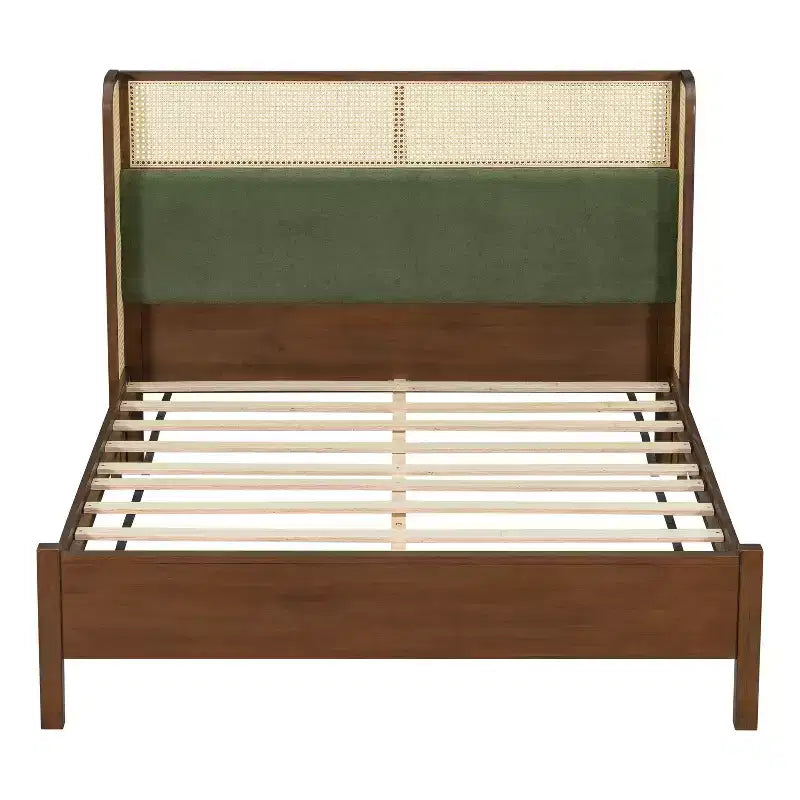 Letto in Legno Contemporaneo Megan con Testiera Imbottita in Rattan