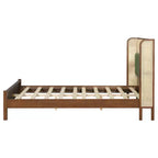 Letto matrimoniale contemporaneo in legno con testiera imbottita in rattan
