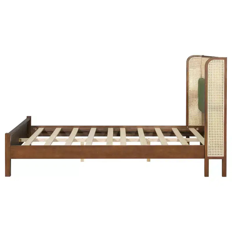 Letto in Legno Contemporaneo Megan con Testiera Imbottita in Rattan