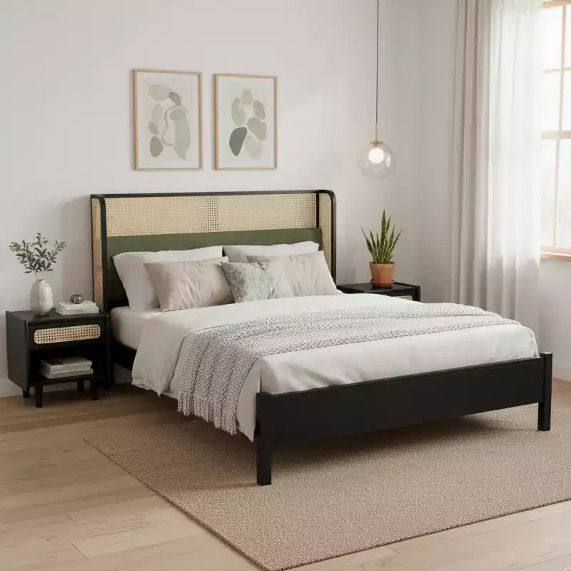 Megan Contemporary Wooden Bed Frame with Rattan Upholstered Headboard