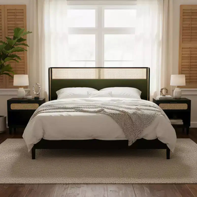 Letto in Legno Contemporaneo Megan con Testiera Imbottita in Rattan