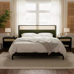 Megan Contemporary Wooden Bed Frame with Rattan Upholstered Headboard