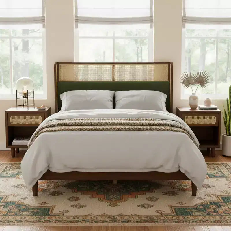 Letto matrimoniale contemporaneo in legno con testiera imbottita in rattan