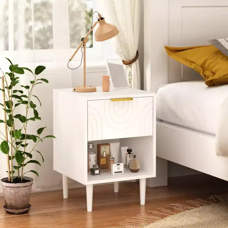 58.0 cm H Modern White Nightstand with One Drawer and Open Shelf, Gold - Accented Handle, Ideal for Bedroom Decor