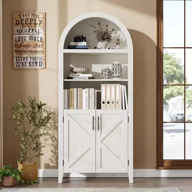 Libreria ad Arco con Ante, Scaffale Moderno a 5 Ripiani con Mobile Contenitore, Scaffale a Giorno per Soggiorno e Ufficio