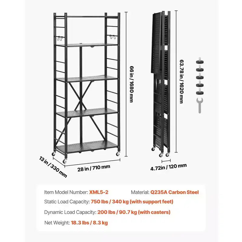 Scaffale portaoggetti pieghevole a 5 ripiani con ruote, scaffalatura in metallo da 71 x 33 x 168 cm