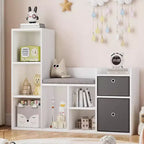 Wooden Kids Bookshelf, 5-Cubby Playhouse Bookcase with Storage Boxes, Organizer Shelf for Nursery Playroom Bedroom, White