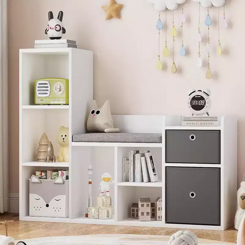 Wooden Kids Bookshelf, 5-Cubby Playhouse Bookcase with Storage Boxes, Organizer Shelf for Nursery Playroom Bedroom, White
