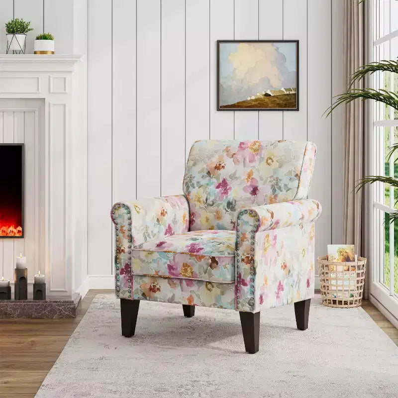 Janet Traditional Rolled Arm Accent Chair with Pewter Nailheads Floral Pattern Pink