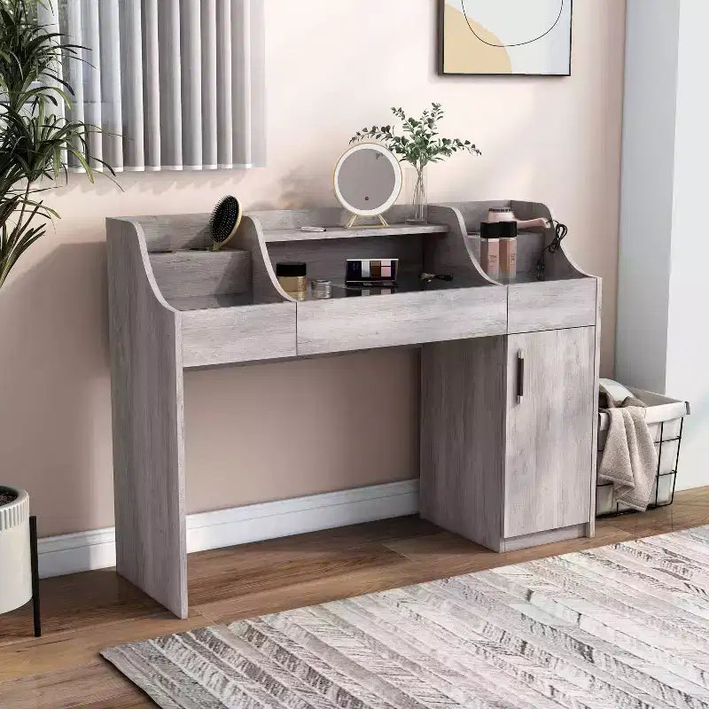 Toeletta da trucco contemporanea Peacemeld con 3 cassetti e piano in vetro, 124,5 cm, bianco costiero: mobile da trucco per camera da letto con ampio spazio di archiviazione