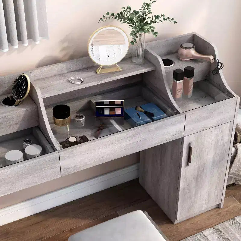 Toeletta da trucco contemporanea Peacemeld con 3 cassetti e piano in vetro, 124,5 cm, bianco costiero: mobile da trucco per camera da letto con ampio spazio di archiviazione