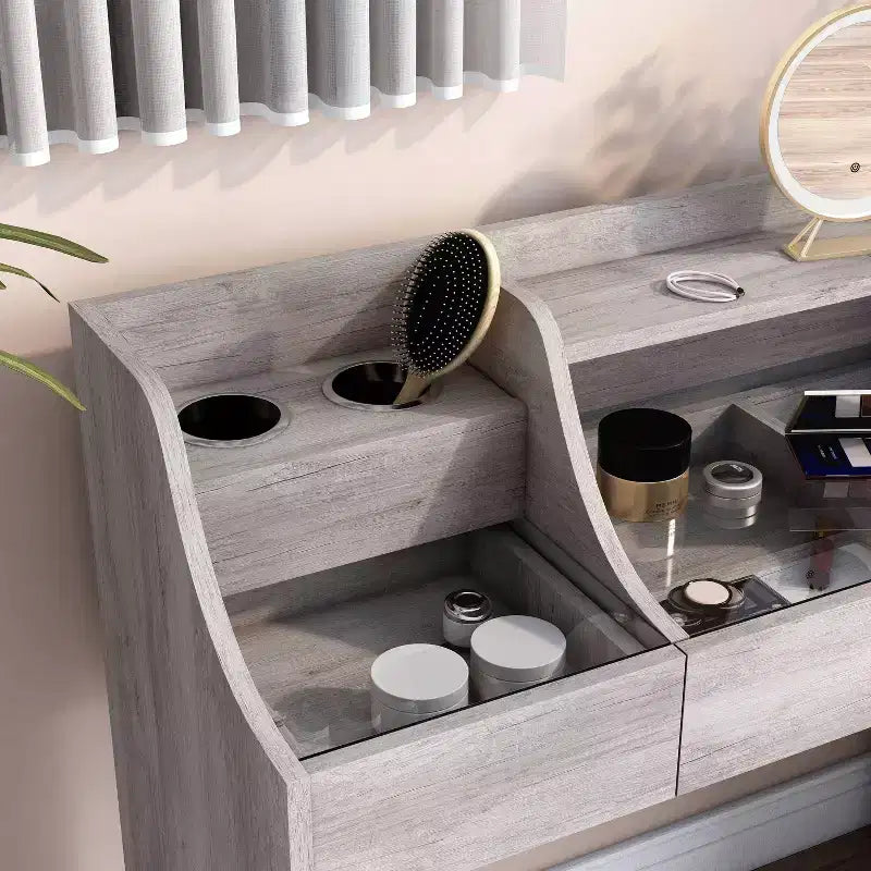 Tavolino da trucco contemporaneo da 49 pollici con 3 cassetti e piano in vetro bianco costiero: toeletta da camera da letto con ampio spazio di archiviazione