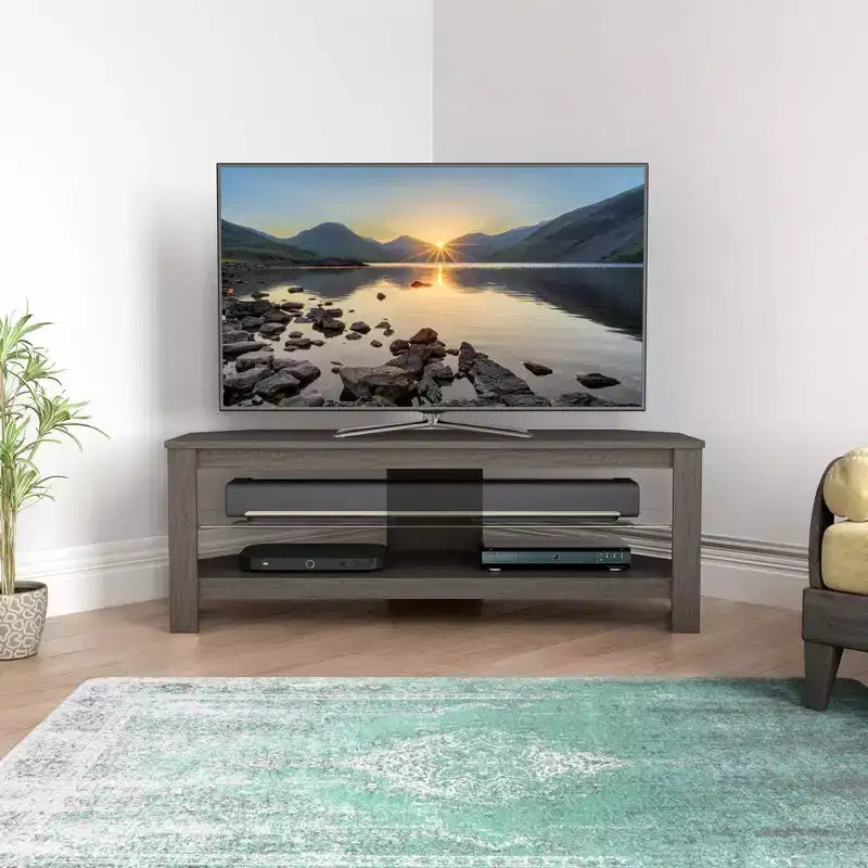 Mobile TV ad angolo per TV fino a 55" grigio: Struttura in MDF, Ripiani aperti, Capacità 40 kg, Larghezza 115 cm