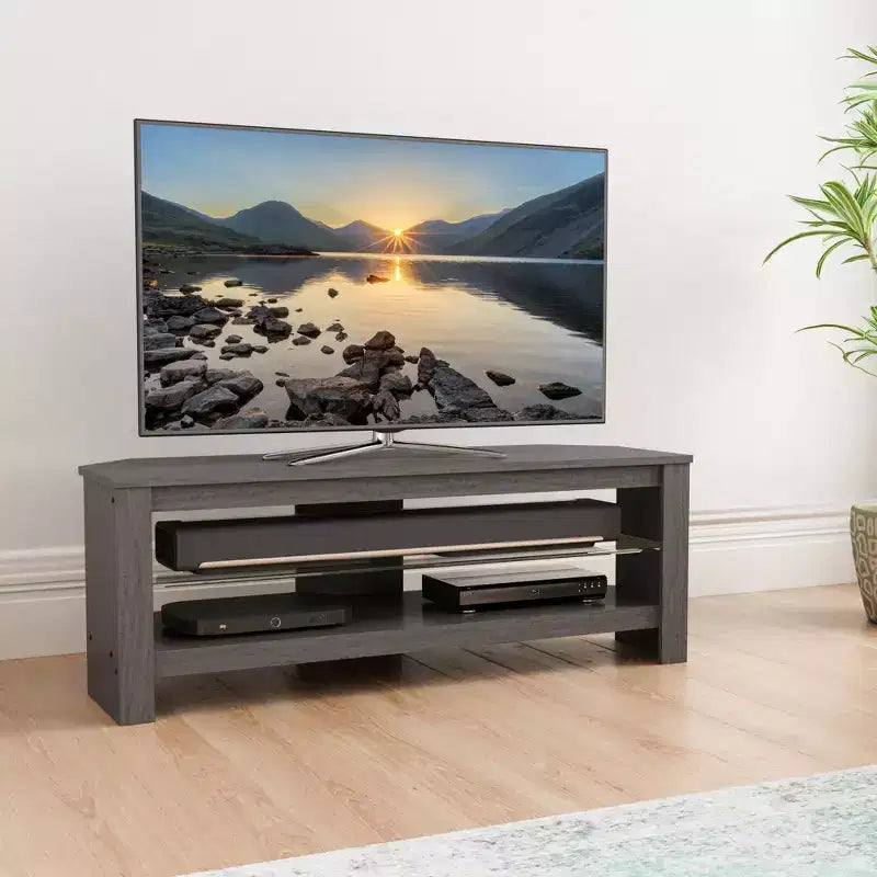 Mobile TV ad angolo per TV fino a 55" grigio: Struttura in MDF, Ripiani aperti, Capacità 40 kg, Larghezza 115 cm