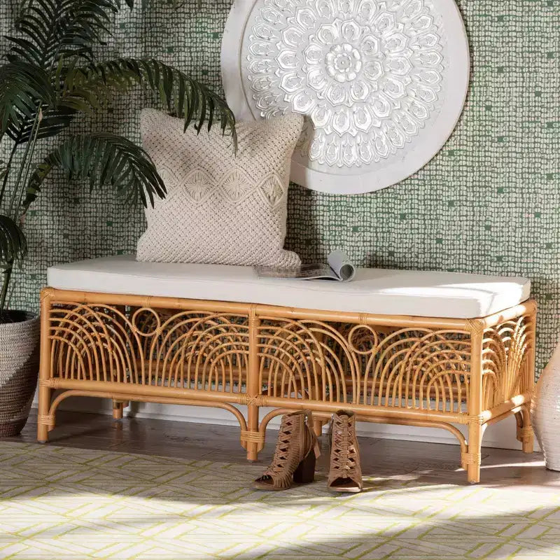 Materra Rattan Bench White/Light Honey: Upholstered Polyester, No Assembly, Spot Clean
