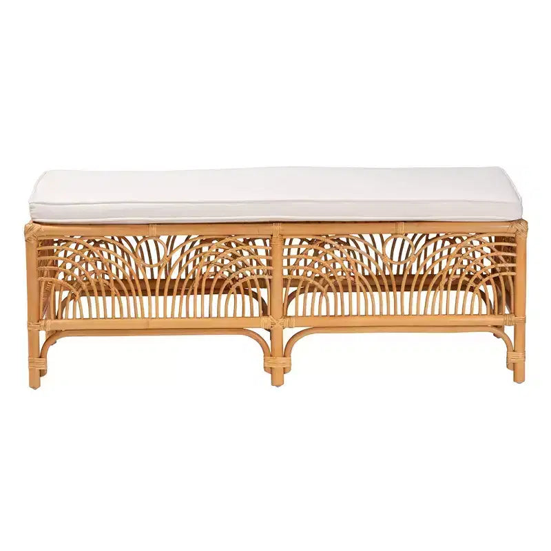Materra Rattan Bench White/Light Honey: Upholstered Polyester, No Assembly, Spot Clean