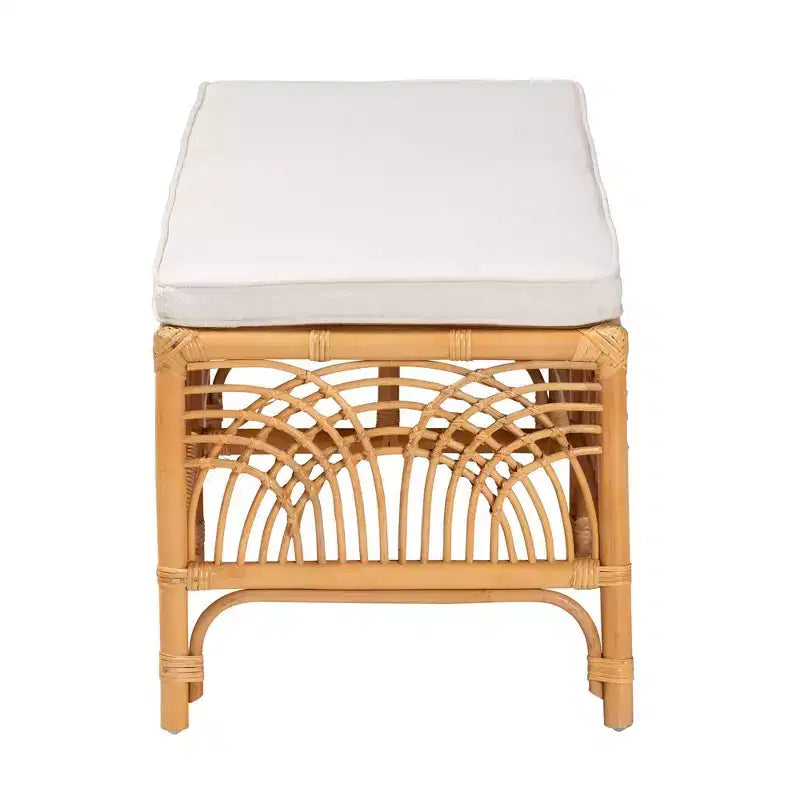 Materra Rattan Bench White/Light Honey: Upholstered Polyester, No Assembly, Spot Clean
