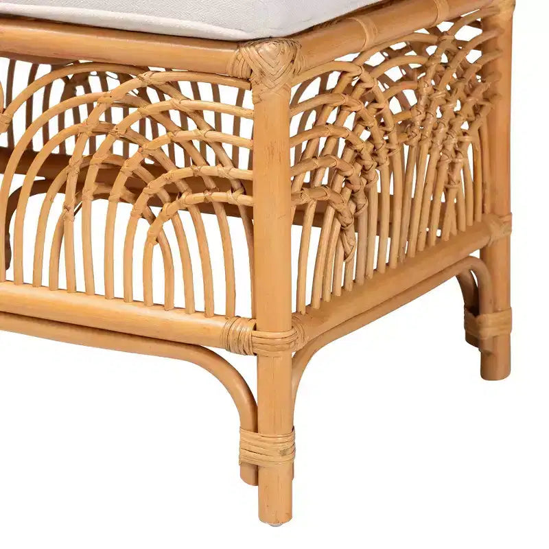 Materra Rattan Bench White/Light Honey: Upholstered Polyester, No Assembly, Spot Clean