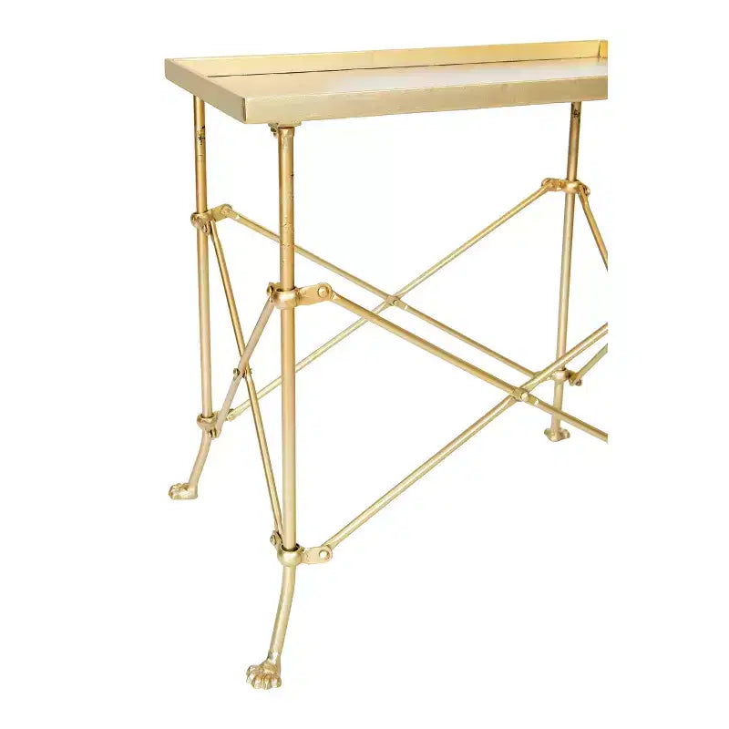 Tavolino d'appoggio rettangolare con base a cavalletto in legno e marmo, bianco/noce/oro: elegante complemento d'arredo per il soggiorno