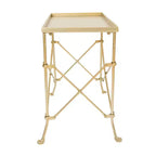 Tavolino d'appoggio rettangolare con base a cavalletto in legno e marmo, bianco/noce/oro: elegante complemento d'arredo per il soggiorno