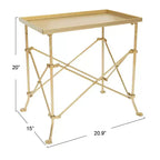 Tavolino d'appoggio rettangolare con base a cavalletto in legno e marmo, bianco/noce/oro: elegante complemento d'arredo per il soggiorno