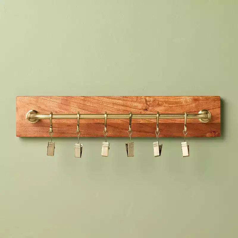 Brass and Wood Wall Rail with Clips