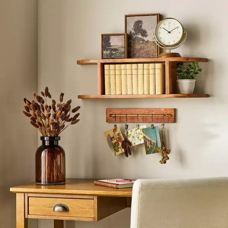 Binario a parete in ottone e legno con clip
