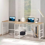 83 Scrivania per computer per due persone con 2 ripiani, postazione di lavoro doppia con libreria, tavolo lungo per ufficio domestico