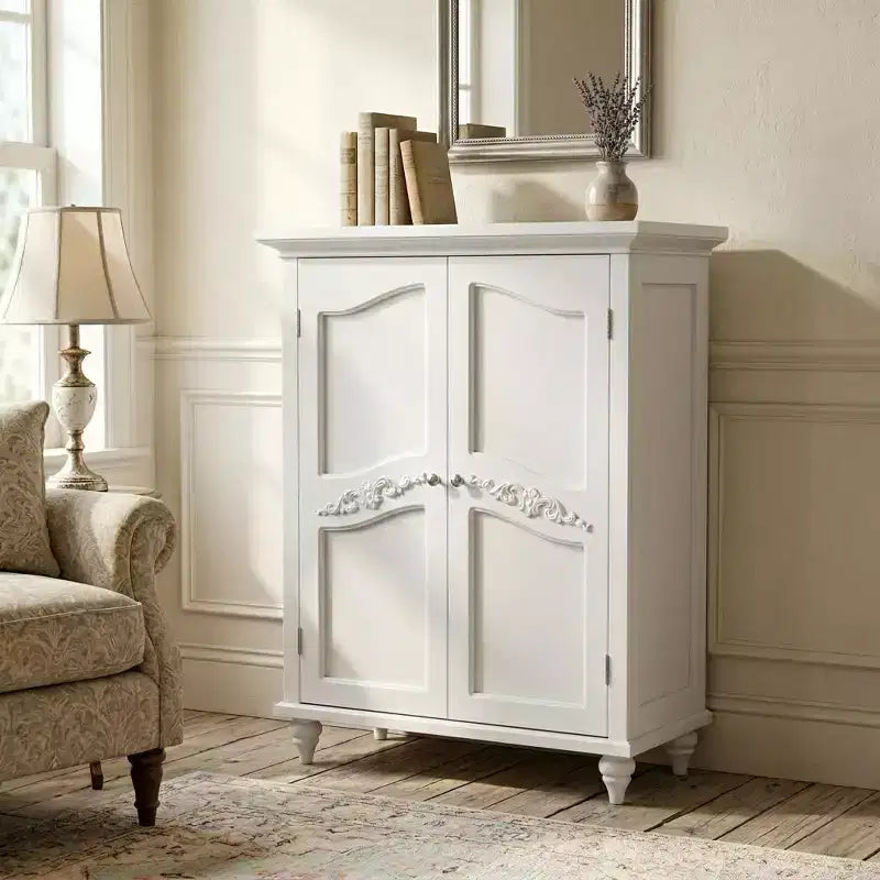 Versailles White Floor Storage Cabinet, Freestanding 2-Door Organizer with Adjustable Shelves