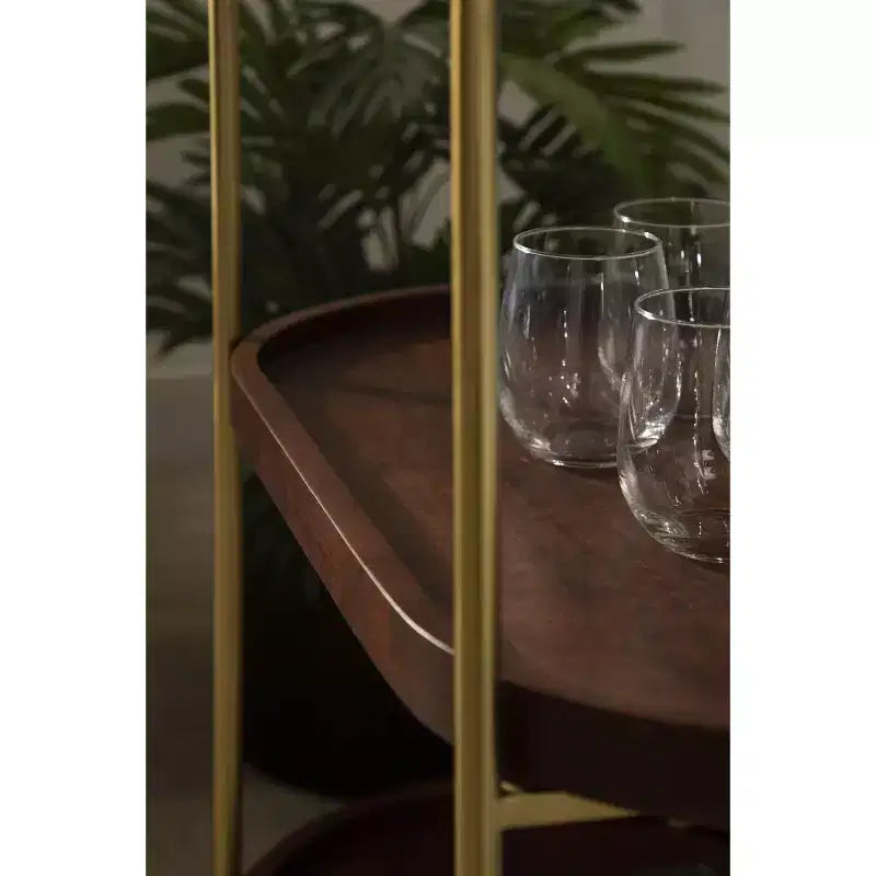 Carrello da bar ovale in legno, 26x13x36, Marrone Noce e Oro