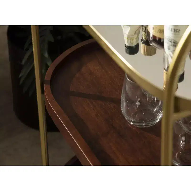 Carrello da bar ovale in legno, 26x13x36, Marrone Noce e Oro
