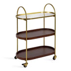 Maxfield Oval Wood Bar Cart, 26x13x36, Walnut Brown and Gold