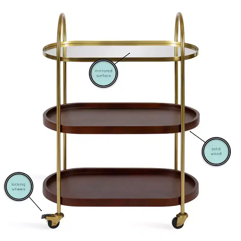 Maxfield Oval Wood Bar Cart, 26x13x36, Walnut Brown and Gold