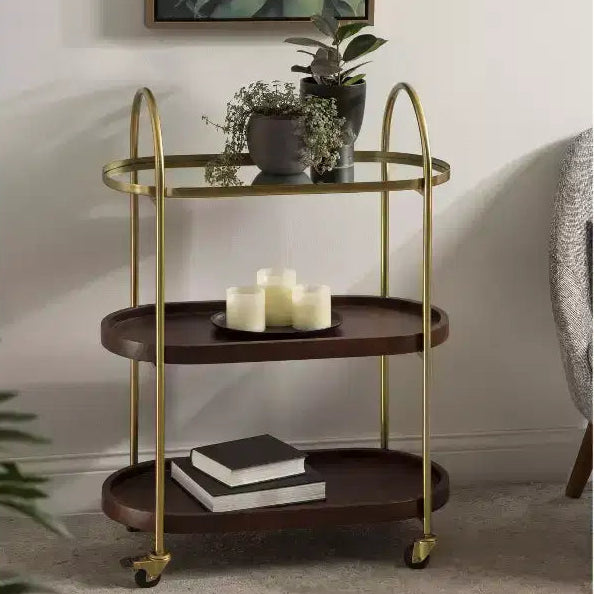 Carrello da bar ovale in legno, 26x13x36, Marrone Noce e Oro