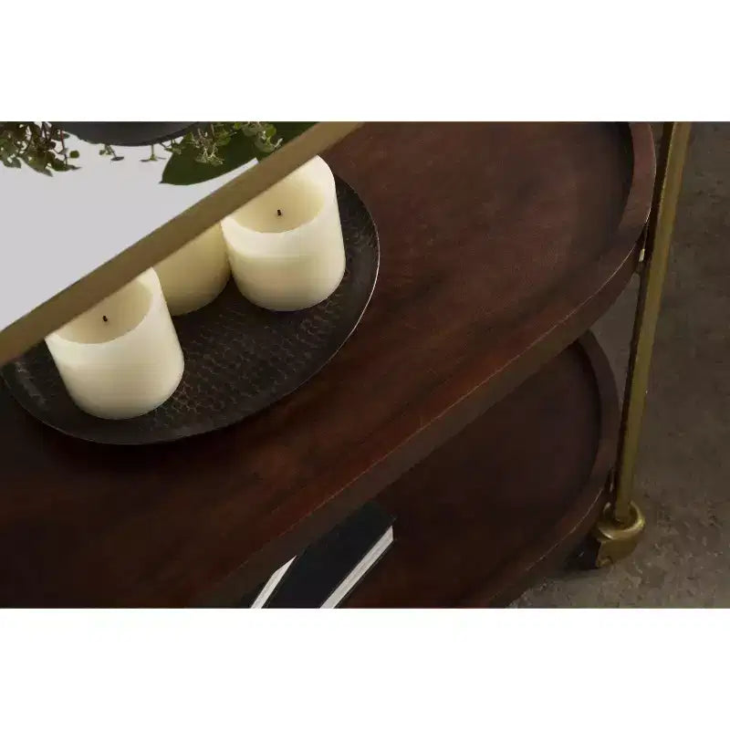 Carrello da bar ovale in legno, 26x13x36, Marrone Noce e Oro