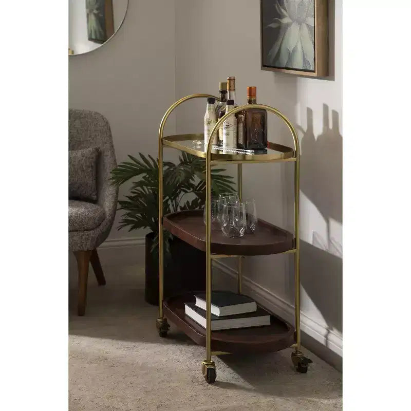 Carrello da bar ovale in legno, 26x13x36, Marrone Noce e Oro