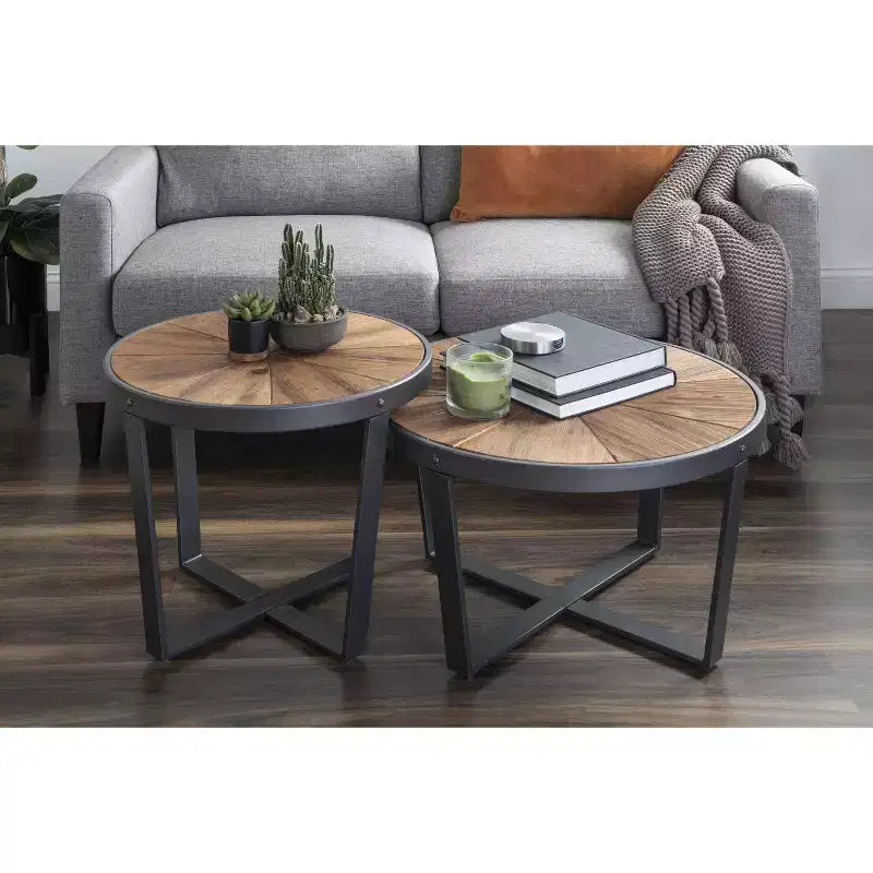 Tavolino da Caffè Rotondo in Metallo, 24x24x15.5, Marrone Rustico e Nero