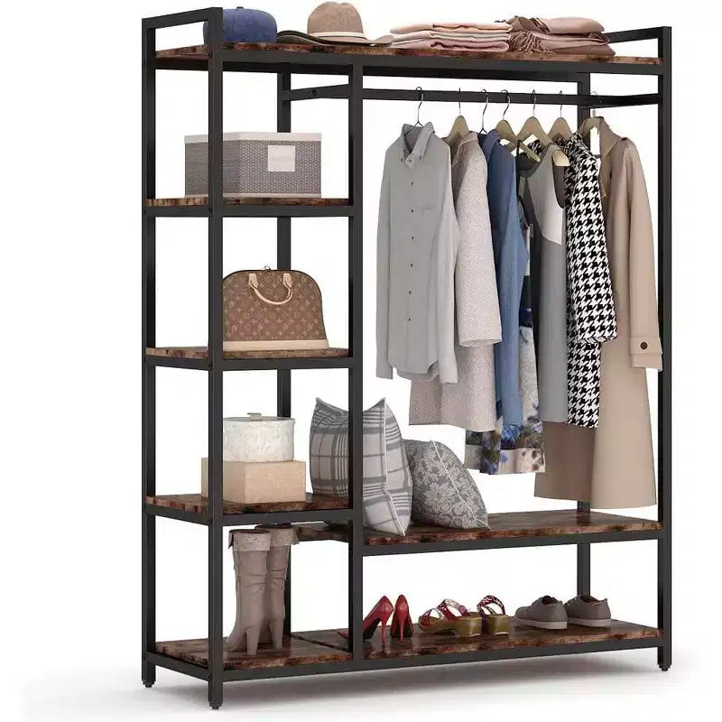Freestanding Closet Organizer, Heavy Duty Clothes Closet, Portable Garment Rack with 6 Shelves and Hanging rod