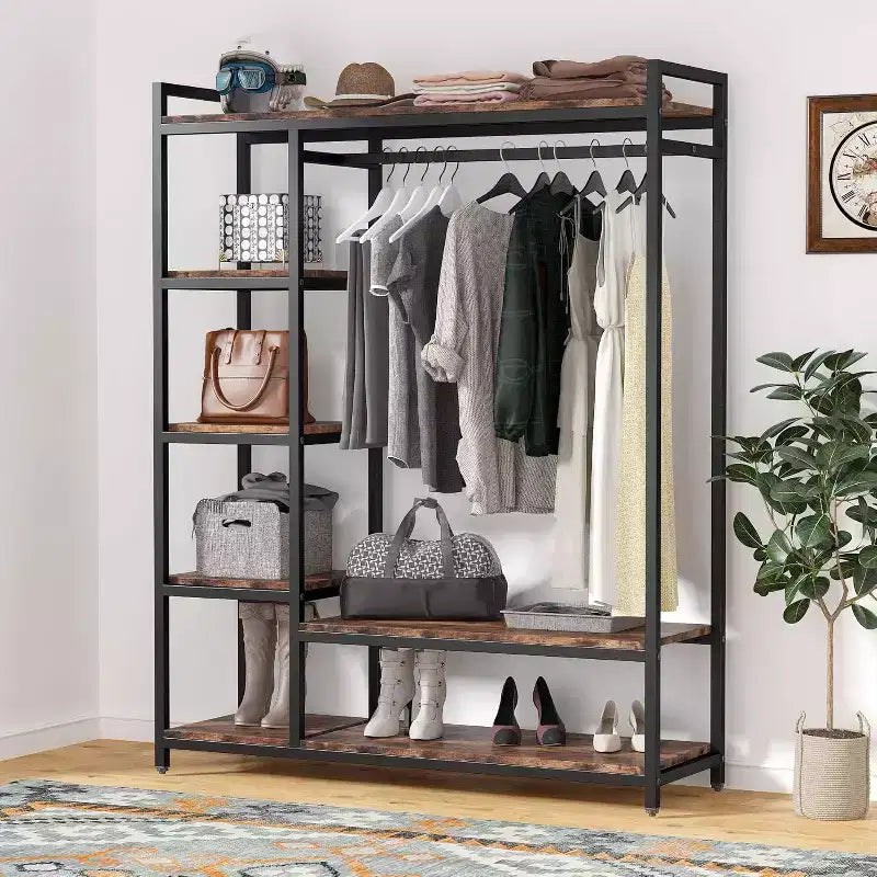 Organizzatore per armadio indipendente, Armadio Portatile Robusto, Appendiabiti con 6 Ripiani e Asta Appendiabiti