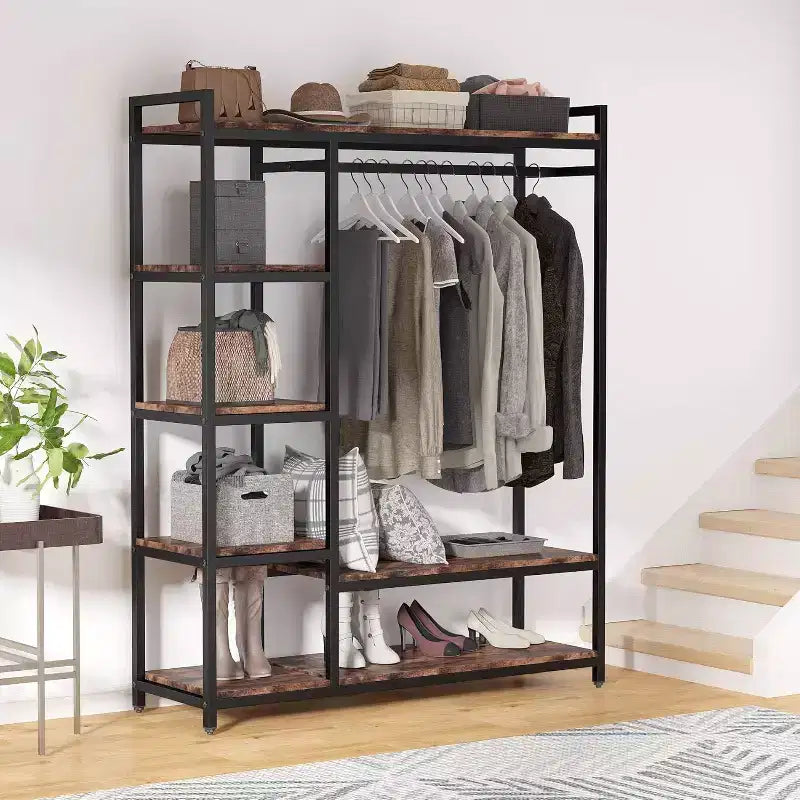 Organizzatore per armadio indipendente, Armadio Portatile Robusto, Appendiabiti con 6 Ripiani e Asta Appendiabiti