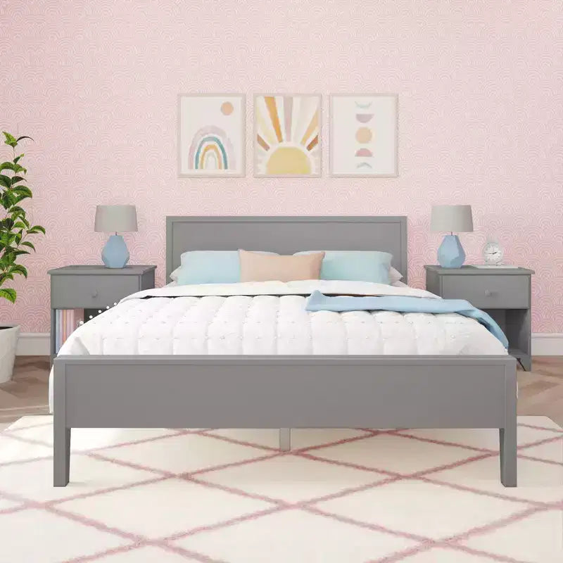 Struttura letto per materasso di circa 152 × 203 cm, letto a piattaforma classico in legno massello con testiera a pannelli per bambini