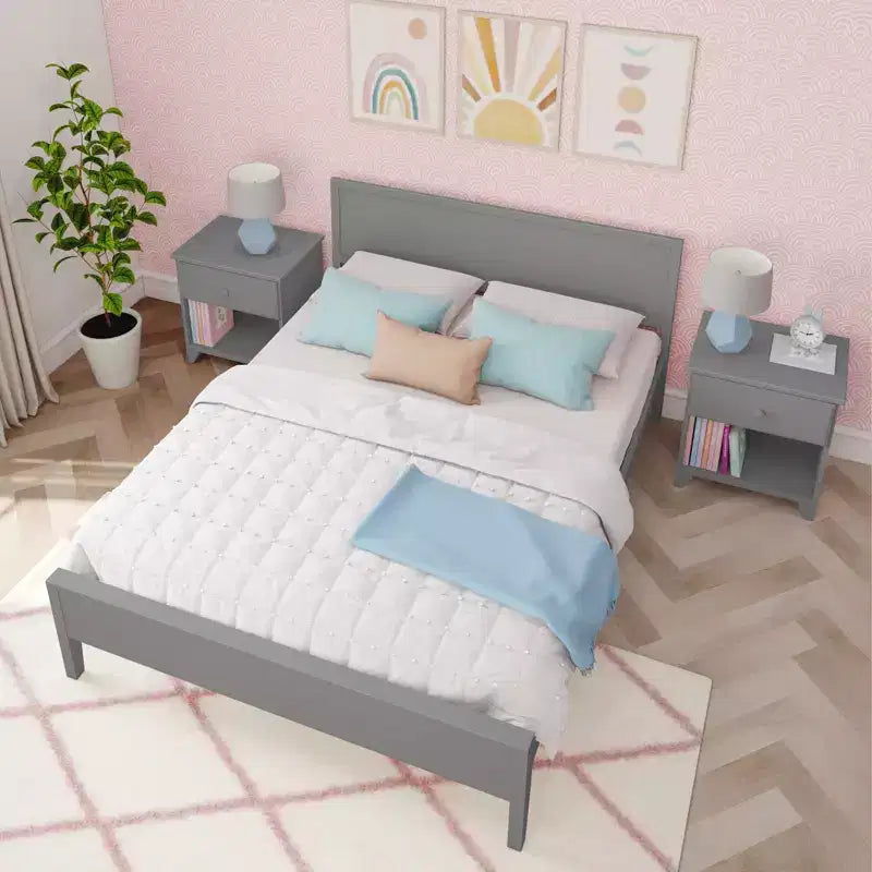Struttura letto per materasso di circa 152 × 203 cm, letto a piattaforma classico in legno massello con testiera a pannelli per bambini