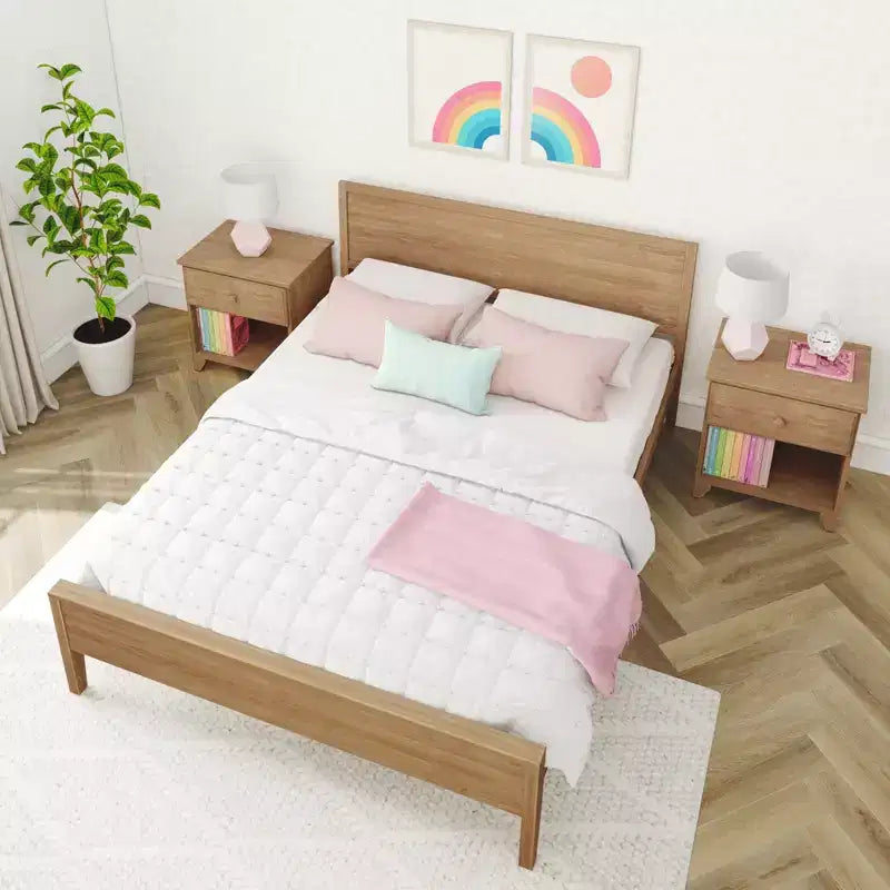 Struttura letto per materasso di circa 152 × 203 cm, letto a piattaforma classico in legno massello con testiera a pannelli per bambini