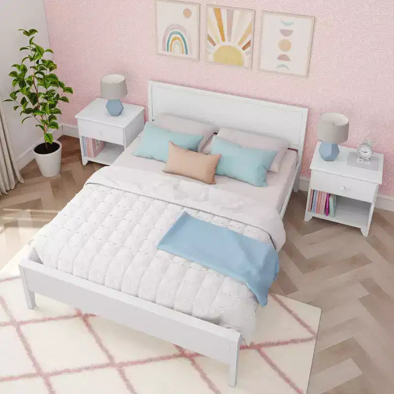 Struttura letto per materasso di circa 152 × 203 cm, letto a piattaforma classico in legno massello con testiera a pannelli per bambini