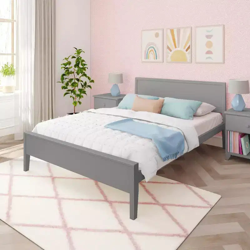 Struttura letto per materasso di circa 152 × 203 cm, letto a piattaforma classico in legno massello con testiera a pannelli per bambini